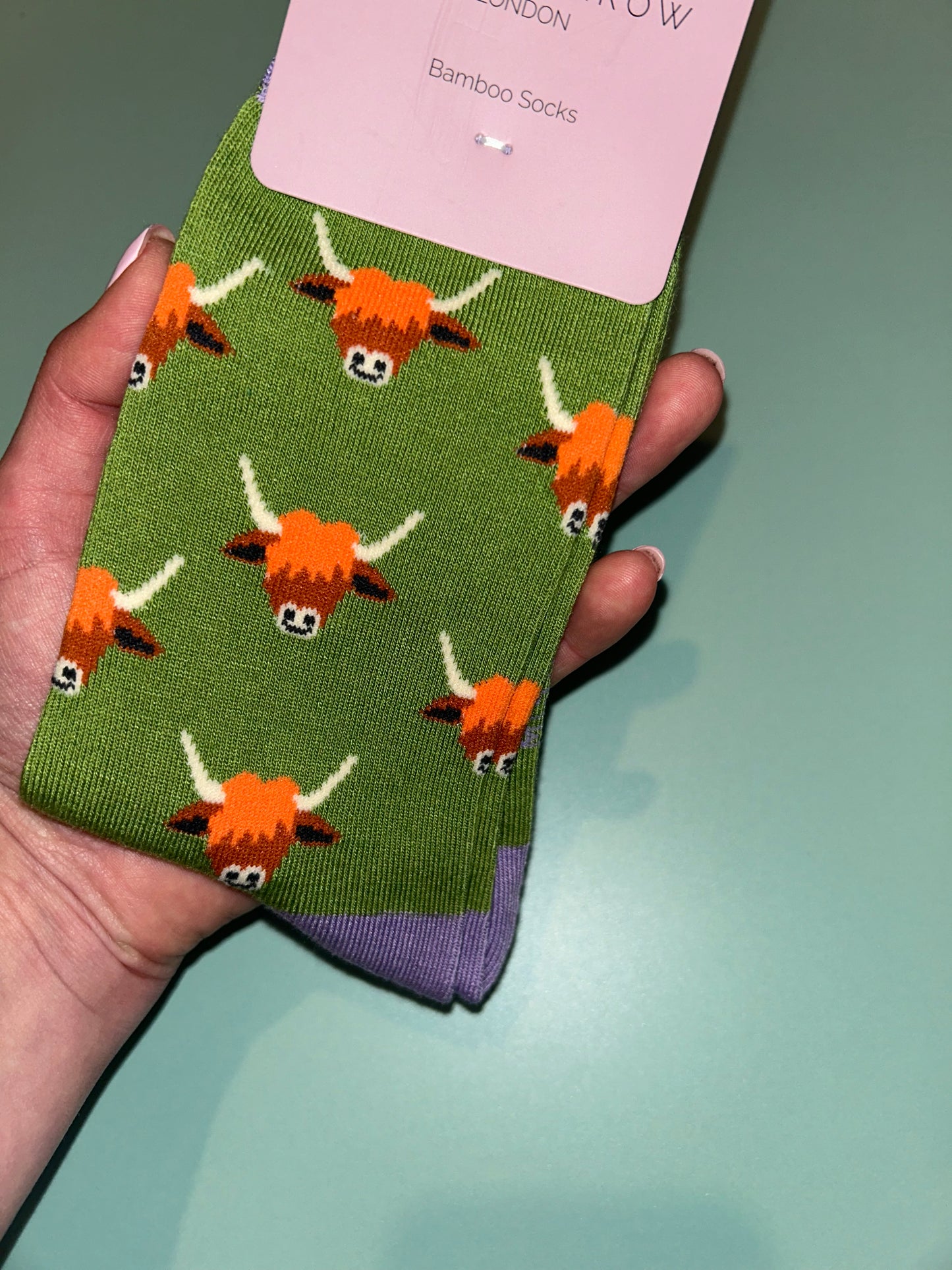 Highland Cow Bamboo Socks Green