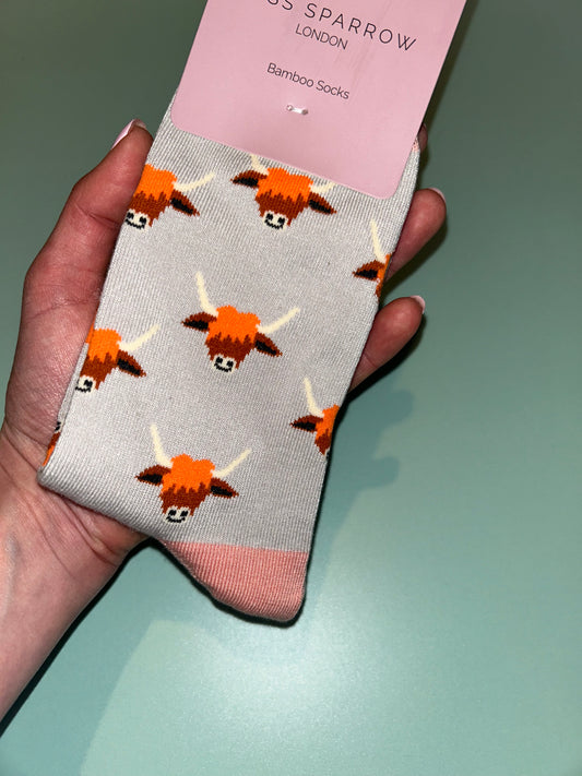 Highland Cow Bamboo Socks Silver