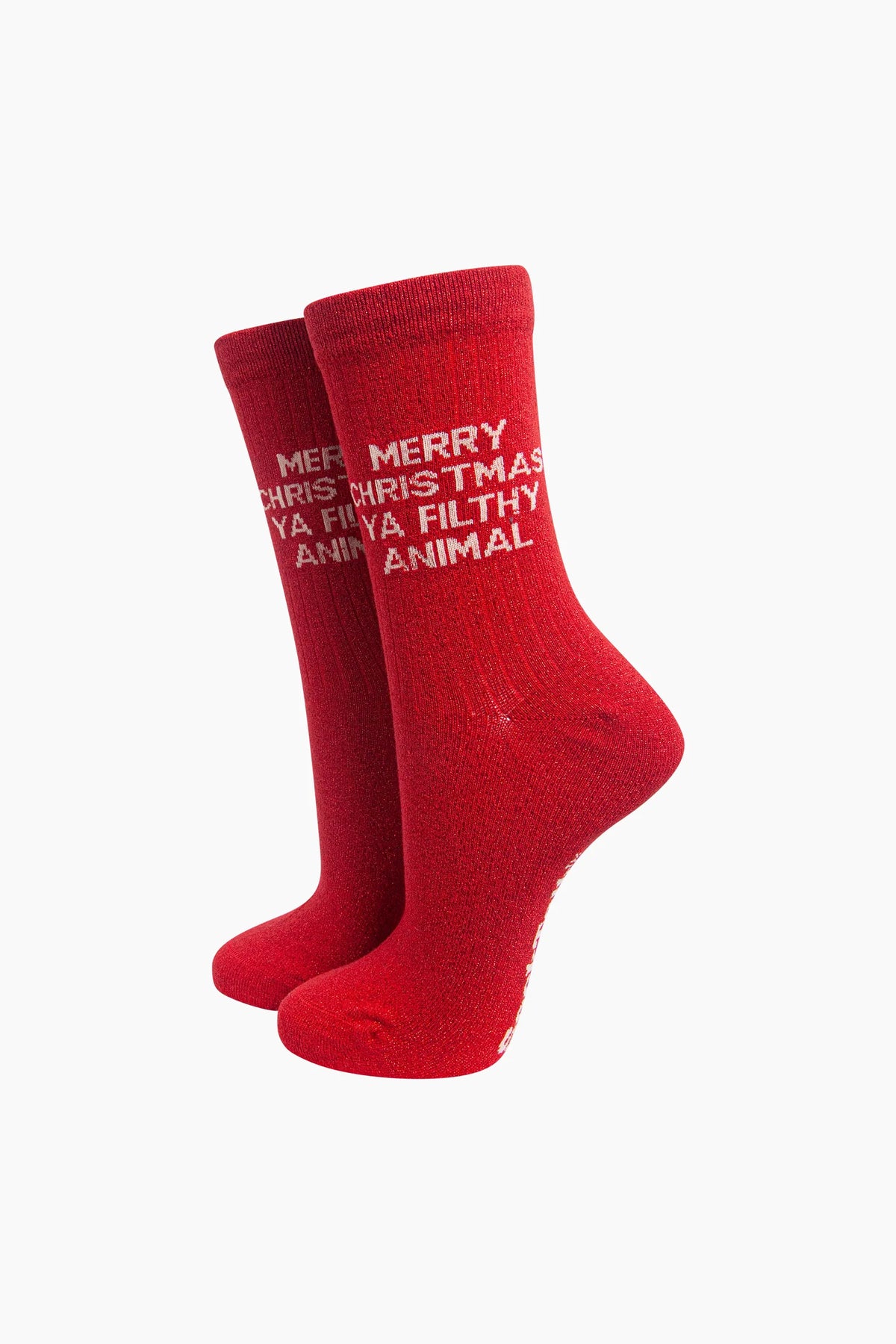Merry Christmas You Filthy Animal Combed Cotton Glitter Socks in Red