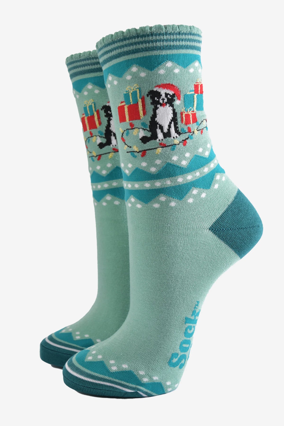 Women's Bamboo Socks - Mint Green, Christmas Border Collie