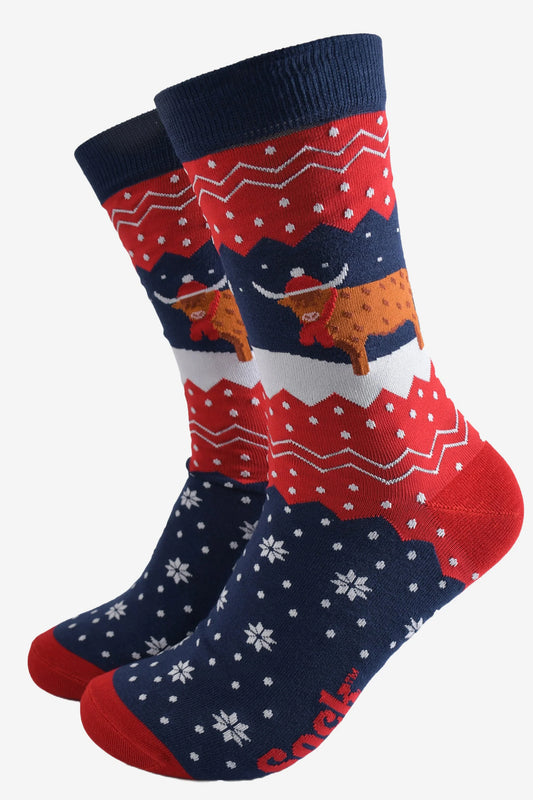Men's Bamboo Socks - Navy Blue/Red, Christmas Winter Highland Cow
