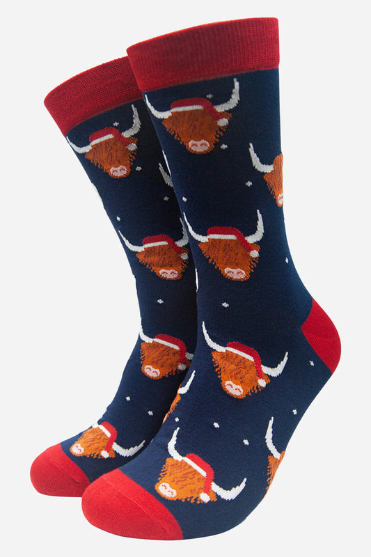Men's Bamboo Socks - Blue, Santa Highland Cow
