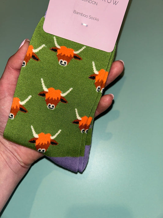 Highland Cow Bamboo Socks Green