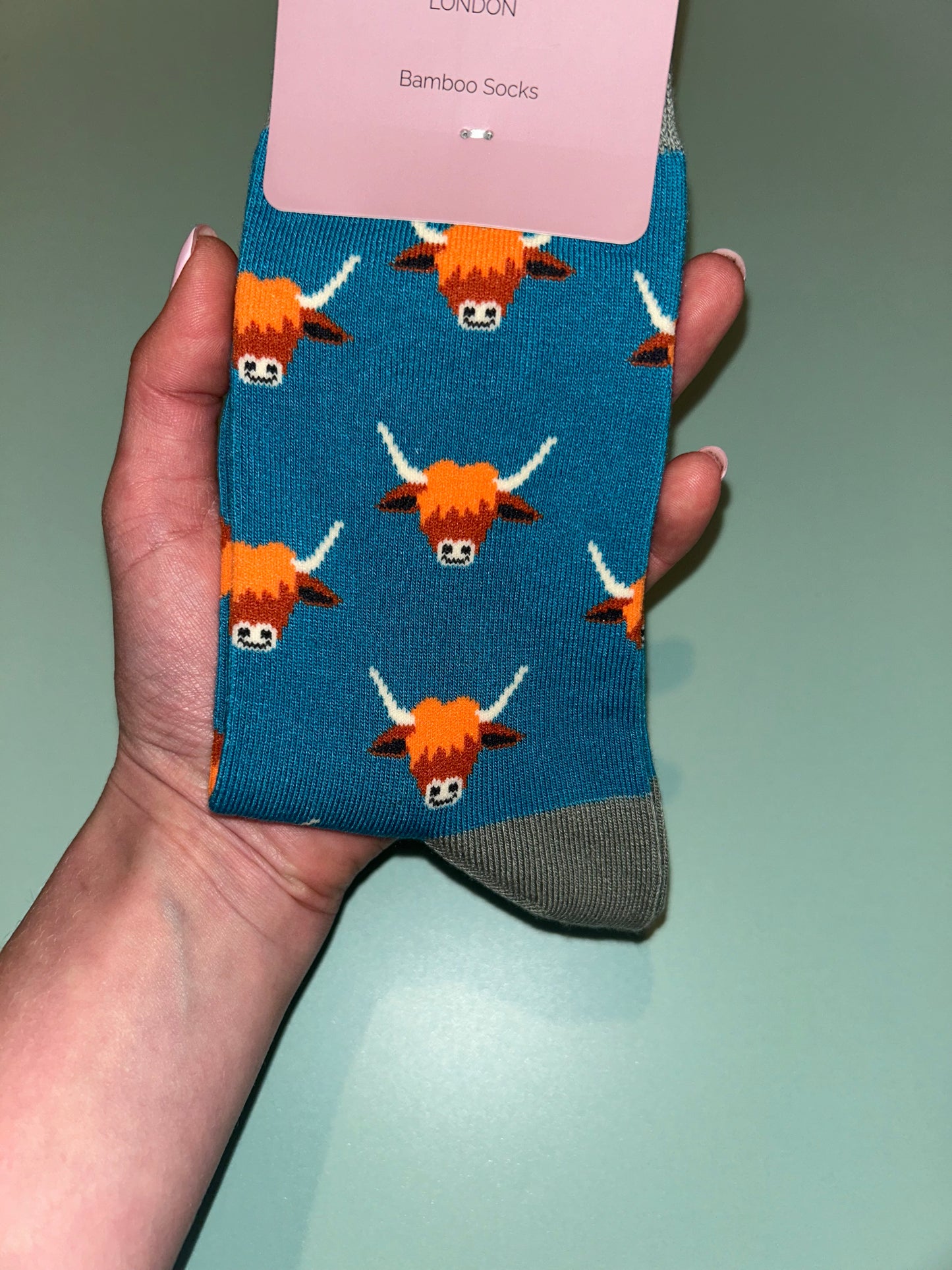 Highland Cow Bamboo Socks Teal