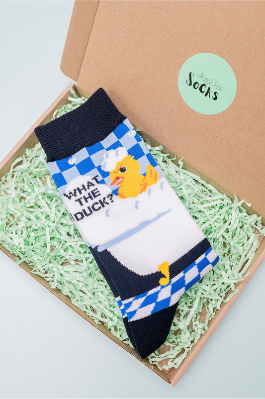 Men's Combed Cotton Crew Socks- Blue, What the Duck?