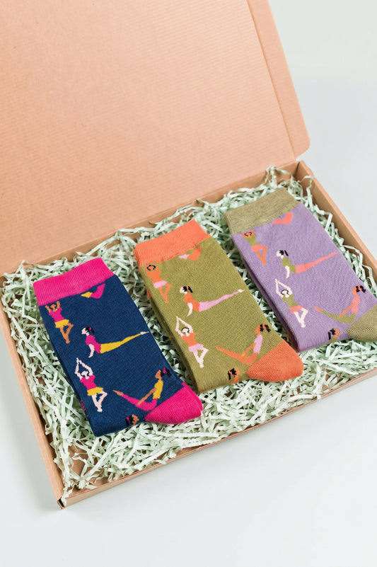 Women's Yoga Bamboo Sock Gift Box (3 Pair Pack) - Novelty Yoga Gift Set