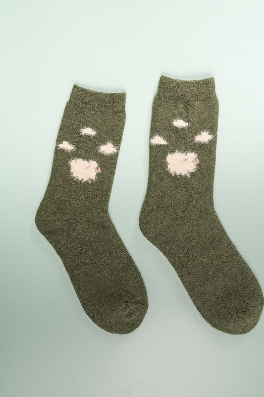 Green wool blend fluffy sheep socks