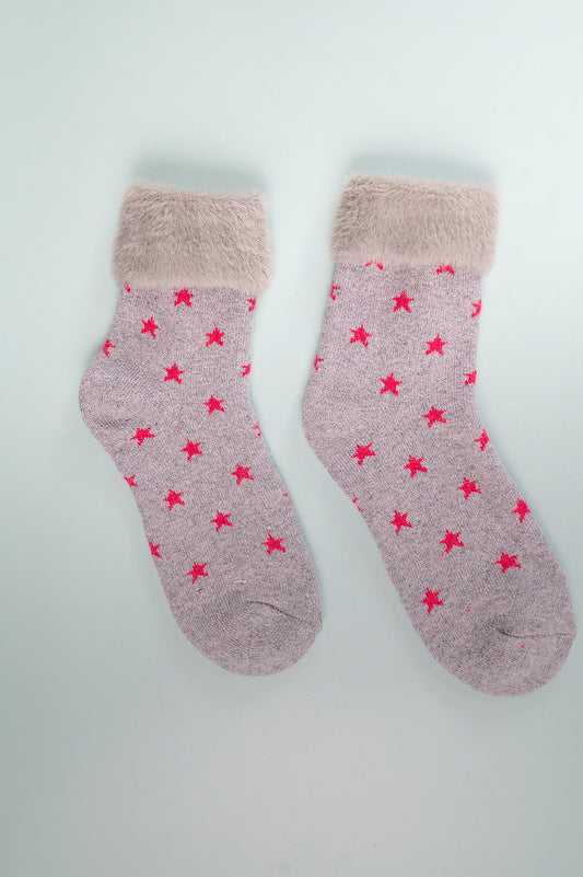 Grey Cuff Socks with Pink Stars