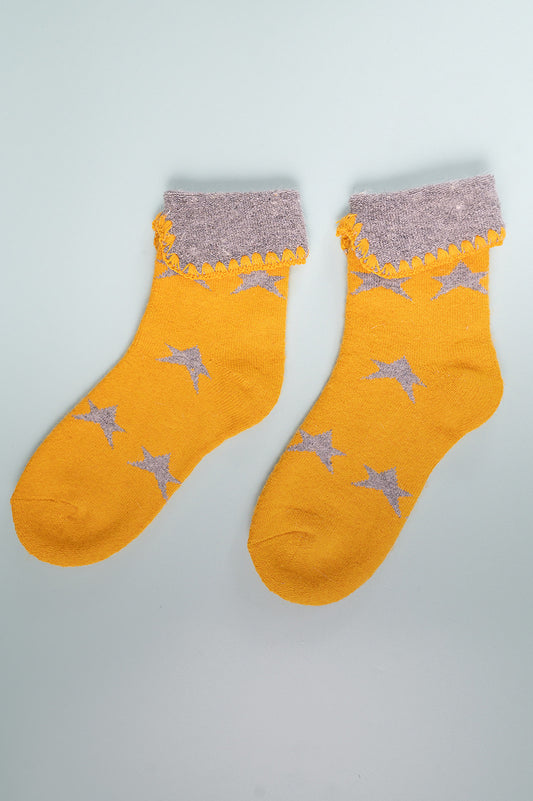 Yellow Cuff Socks with Grey Stars