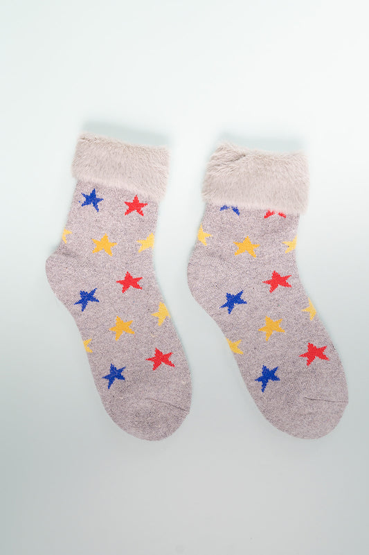 Grey Cuff Socks with Rainbow Stars