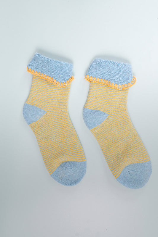 Blue Cuff Socks with Yellow Stripes