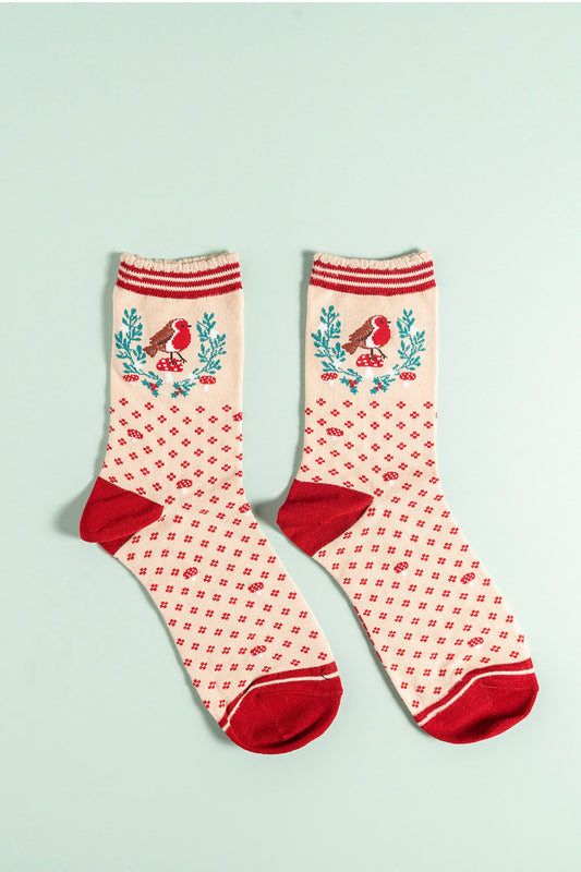 Robin cream wreath bamboo socks