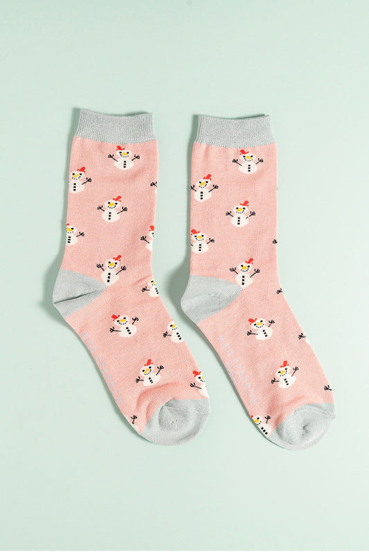 Pink snowman bamboo socks