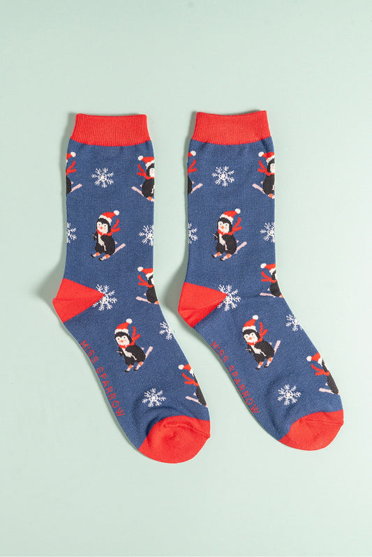 Skiing Penguin Navy bamboo socks
