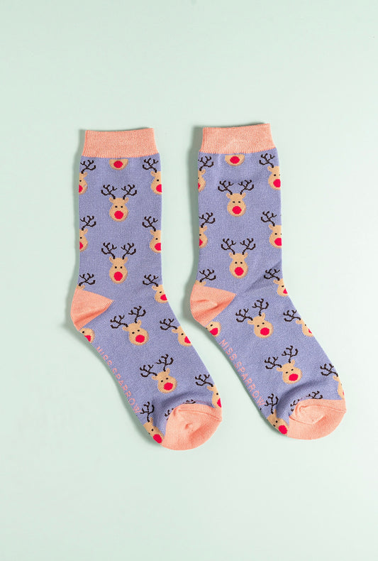 Purple reindeer bamboo socks