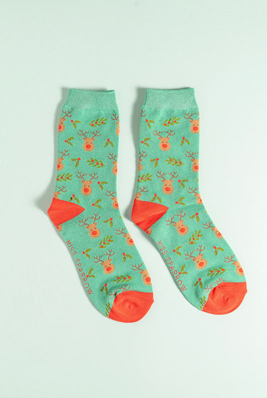Green reindeer holly bamboo socks