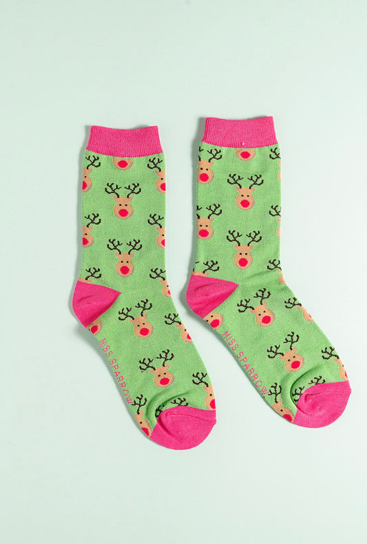 Green reindeer bamboo socks