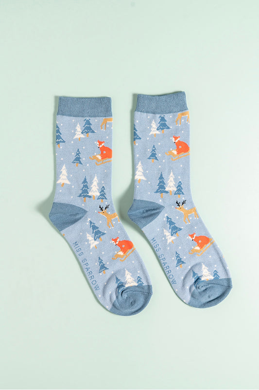 Reindeer blue bamboo socks