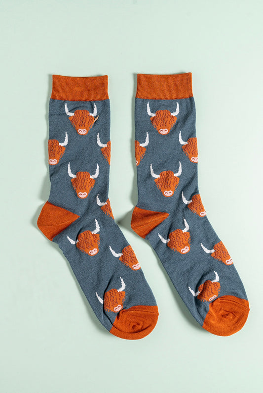 Highland Cow Bamboo Socks Teal