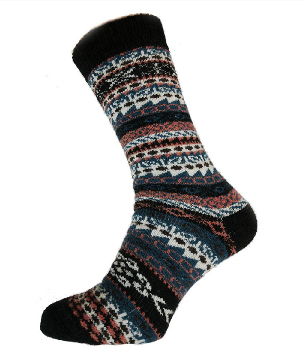 Black, teal and orange Nordic patterned wool blend socks