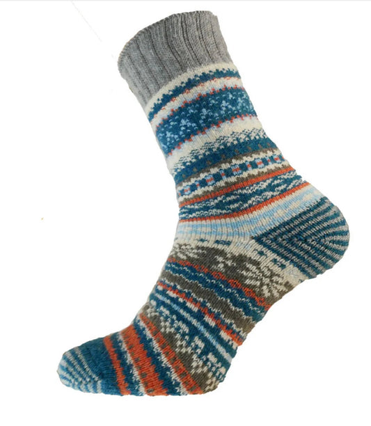 Blue, grey and orange Nordic patterned wool blend socks
