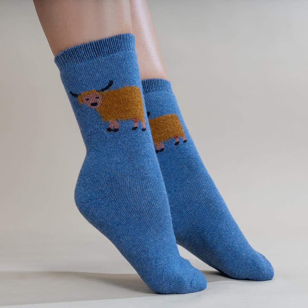 Dark Blue Fluffy Highland Cow Socks