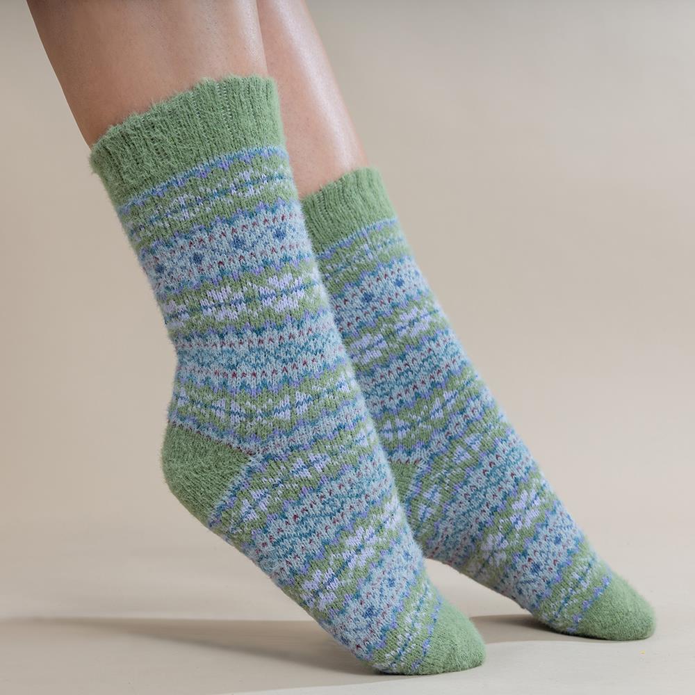 Green tone fairisle wool blend socks