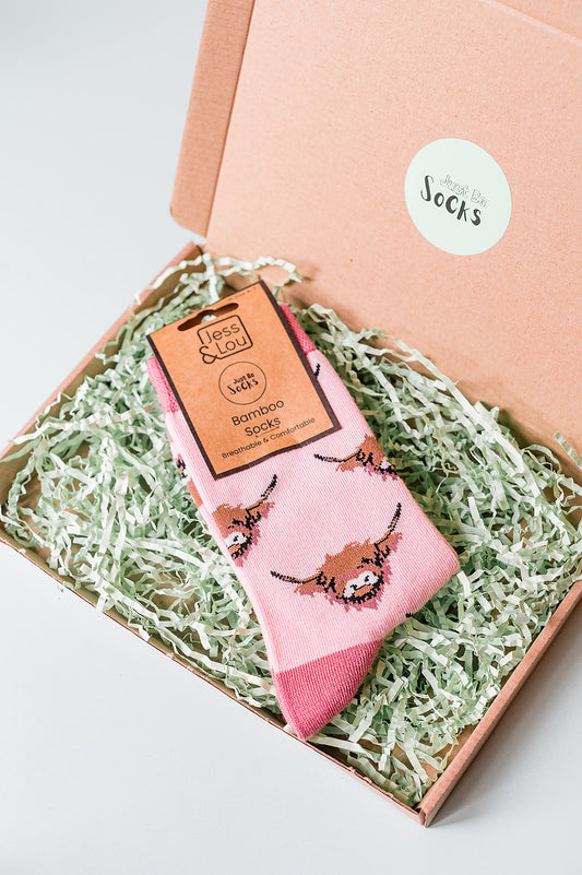Highland Cow Just Be Socks Bamboo Socks Pink