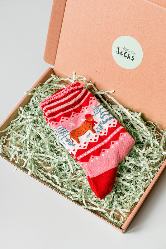 Women's Bamboo Socks - Pink/Red, Christmas Highland Cow