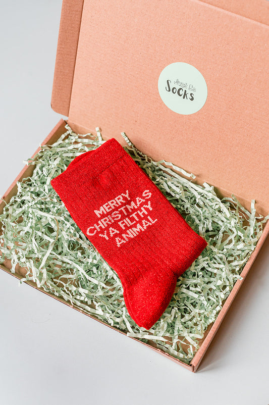 Merry Christmas You Filthy Animal Combed Cotton Glitter Socks in Red