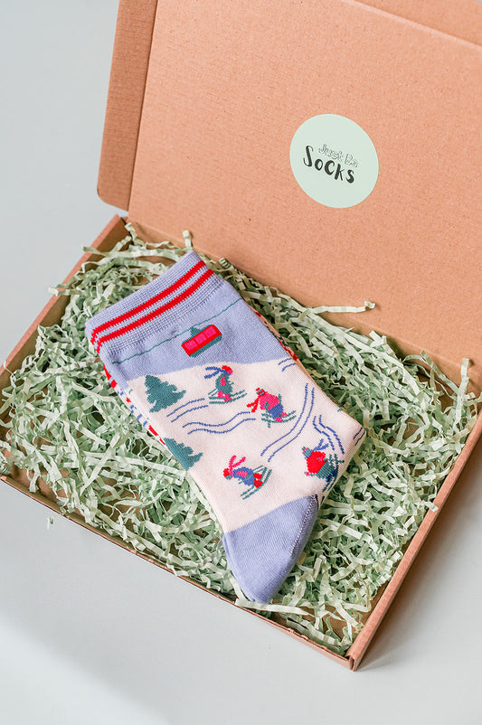 Women's Bamboo Socks - Sky Blue/Red, Mountain Ski