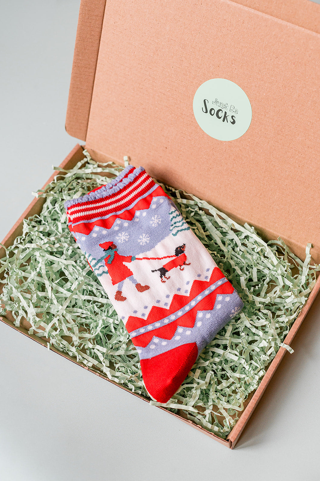 Women's Bamboo Socks - Blue/Red, Sausage Dog Walk