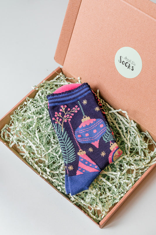 Women's Bamboo Socks - Navy Blue/Pink, Christmas Baubles