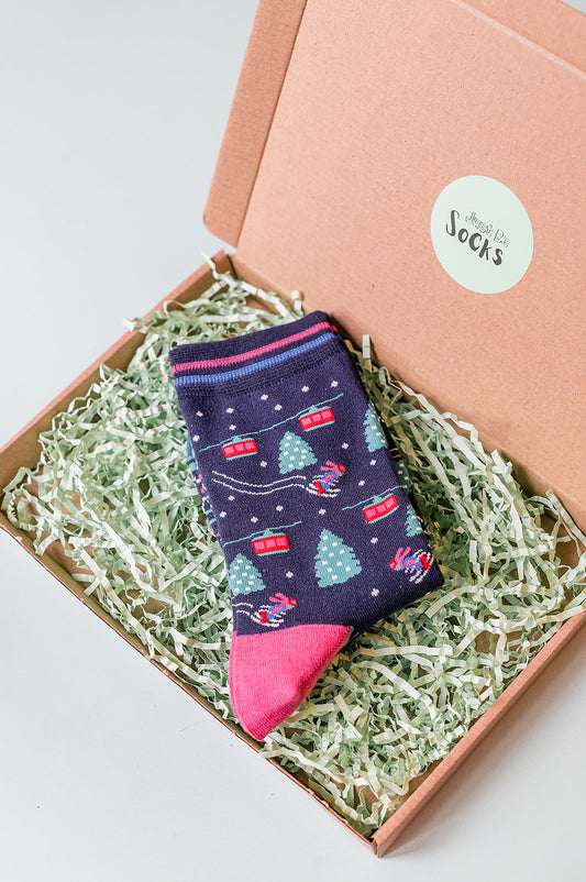 Women's Bamboo Socks - Navy Blue/Green, Cable Cars and Trees