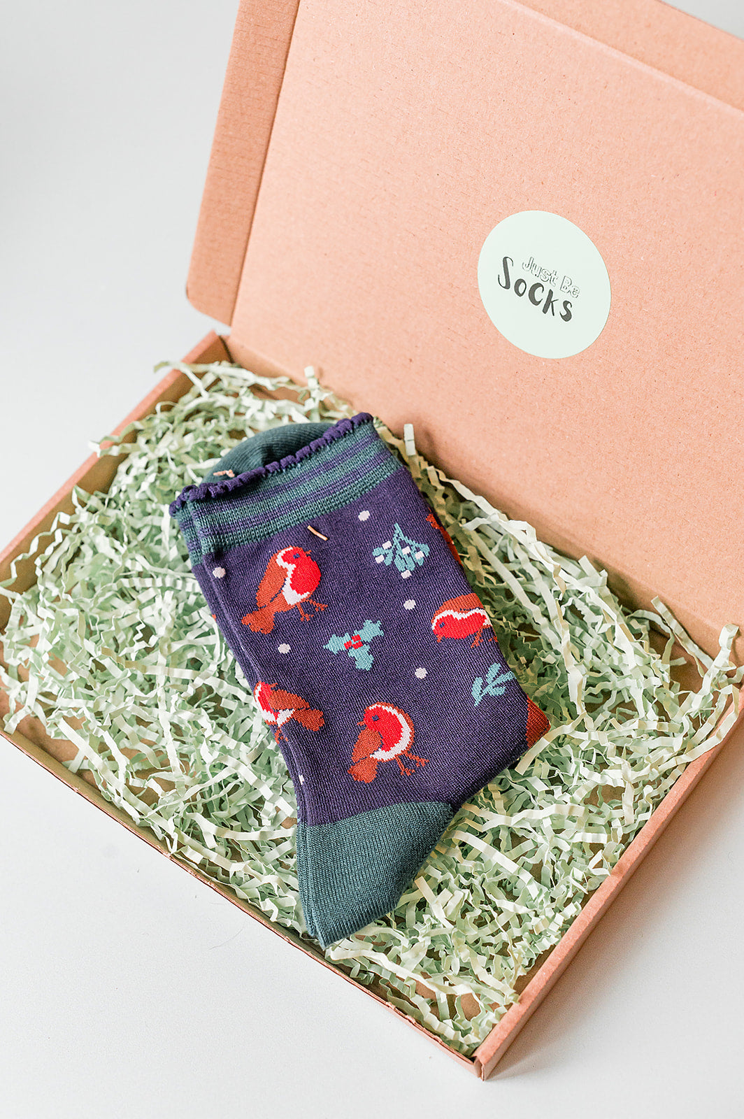 Women's Bamboo Socks - Navy Blue/Green, Christmas Robin