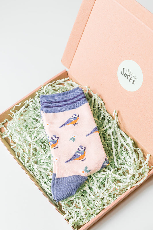 Blue Tits Floral Bamboo Socks in Cream