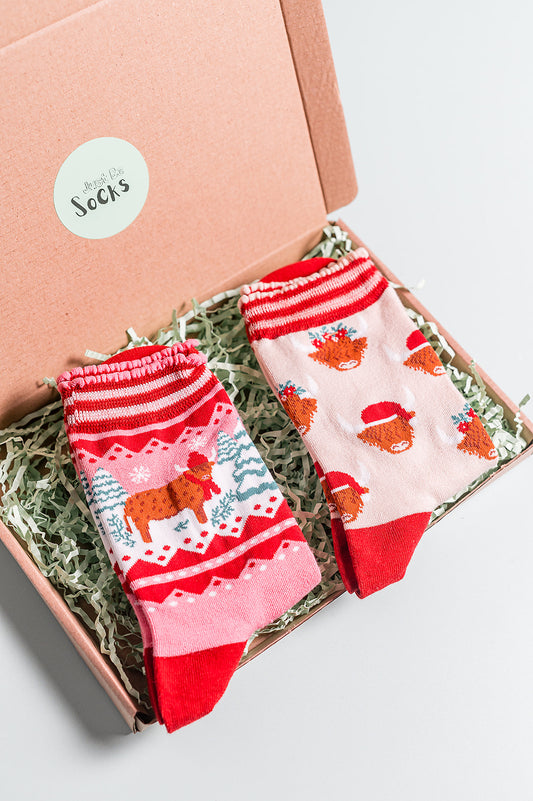 Highland Cows Christmas Bamboo Socks 2 pair Bundle Giftset