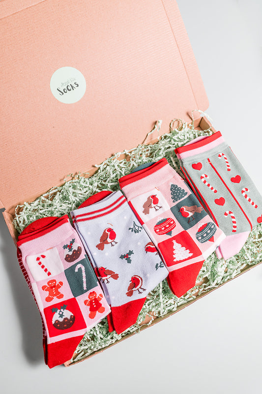 Christmas Robins Bamboo Socks 4 pair Bundle Giftset