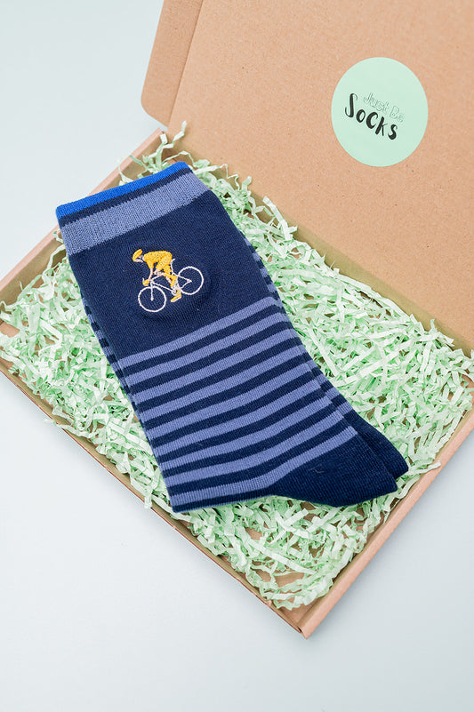 Embroidered Cyclist Striped Combed Cotton Socks in Blue
