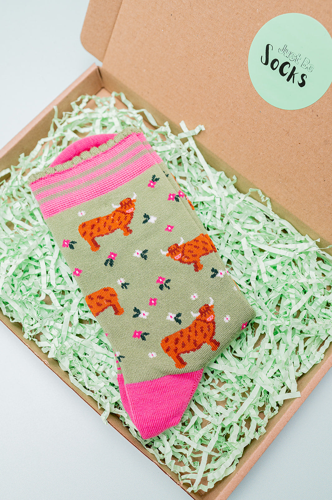 Women's Bamboo Socks - Green, Highland Cow Floral Meadow