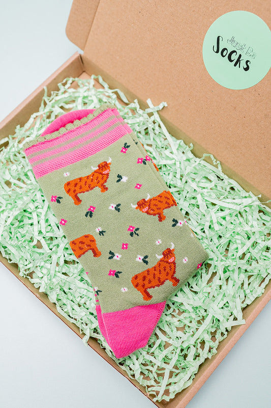 Women's Bamboo Socks - Green, Highland Cow Floral Meadow