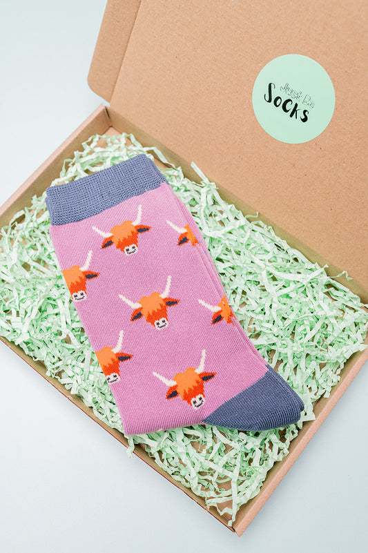Ladies Highland Cow Bamboo Socks Pink