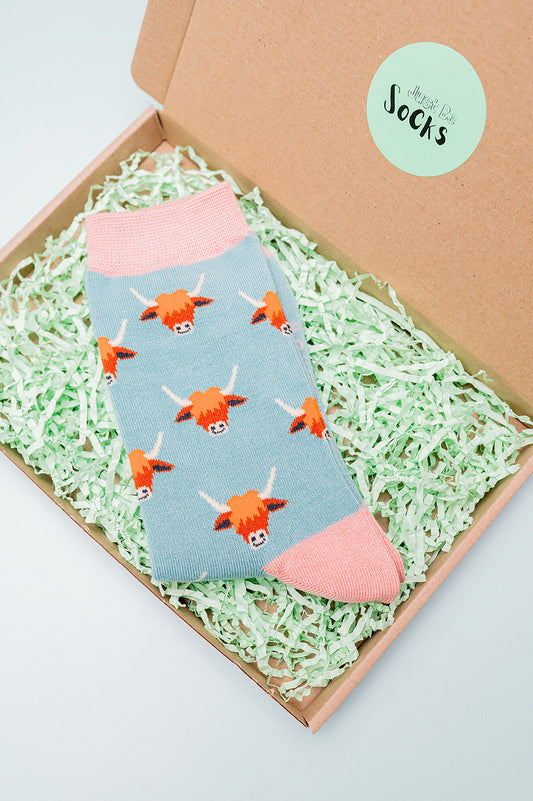 Ladies Highland Cow Bamboo Socks Highland Herd Blue