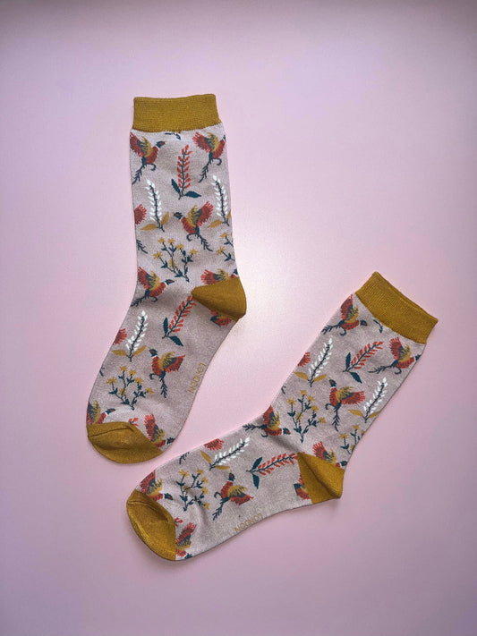 Ladies Pheasants & Flowers Bamboo Socks Pink