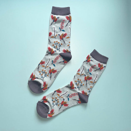 Ladies Pheasants & Flowers Bamboo Socks Blue