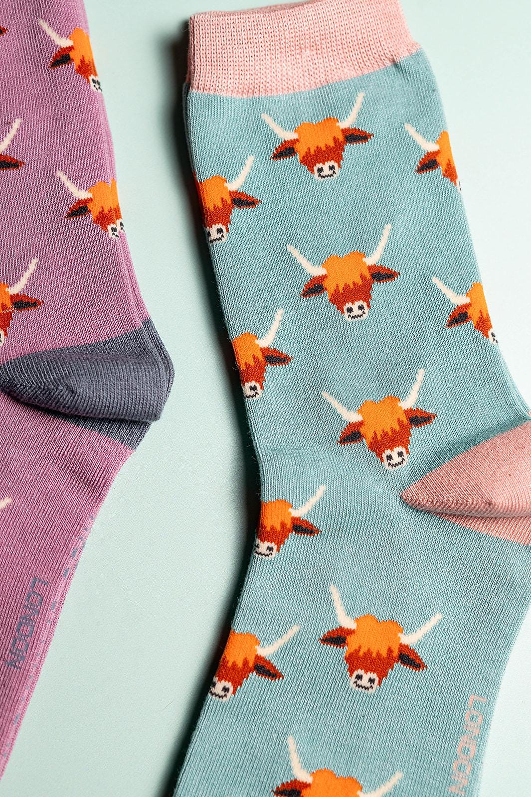 Ladies Highland Cow Bamboo Socks Navy | Blue | Pink
