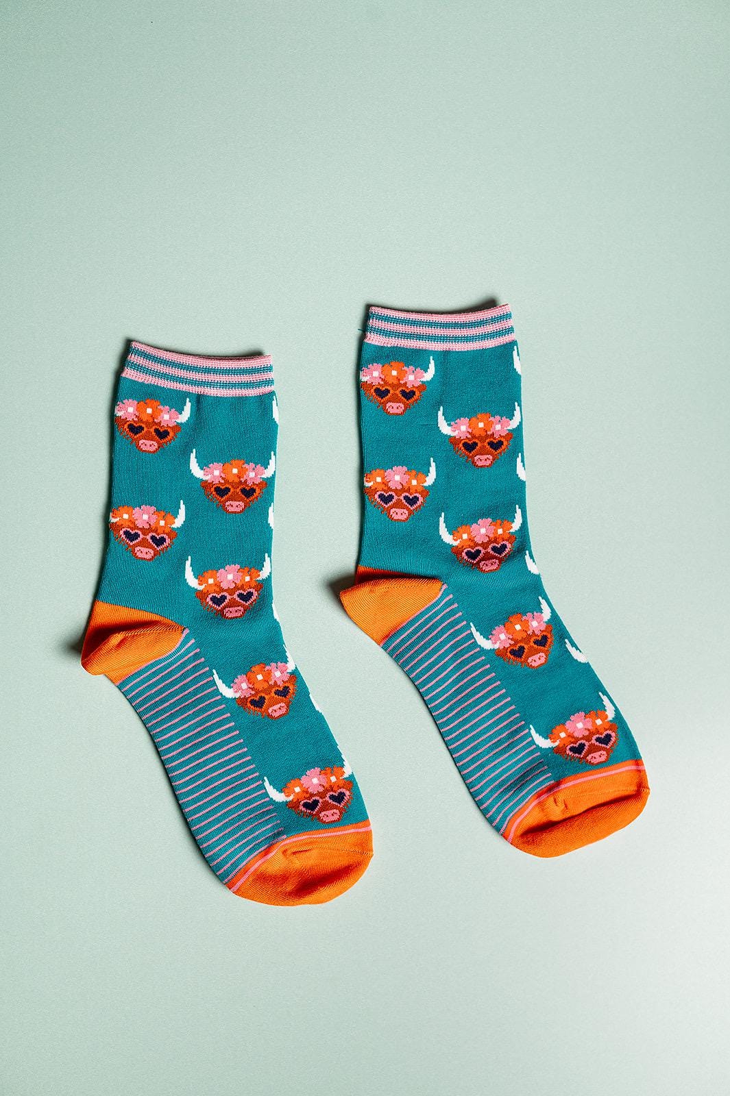 Ladies Highland Cow Bamboo Socks Navy | Blue | Pink