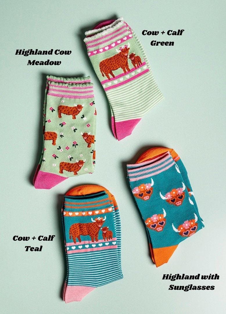 Ladies Highland Cow Bamboo Socks Navy | Blue | Pink