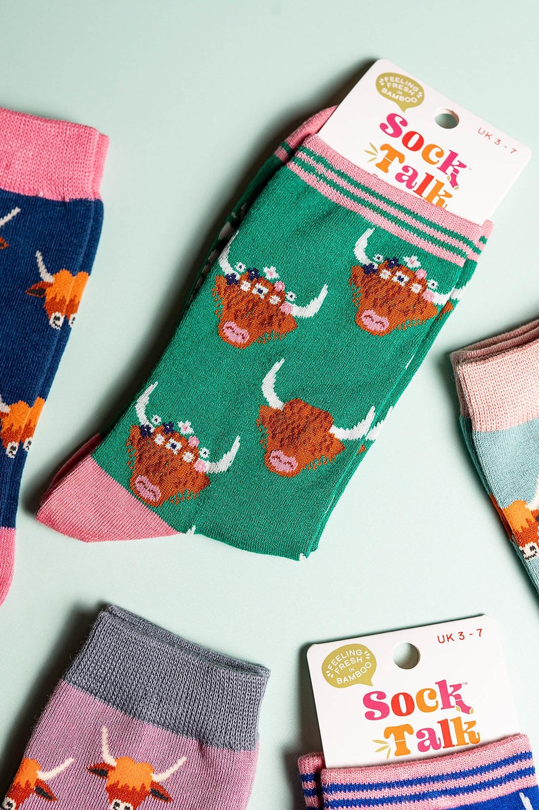Ladies Highland Cow Bamboo Socks Navy | Blue | Pink