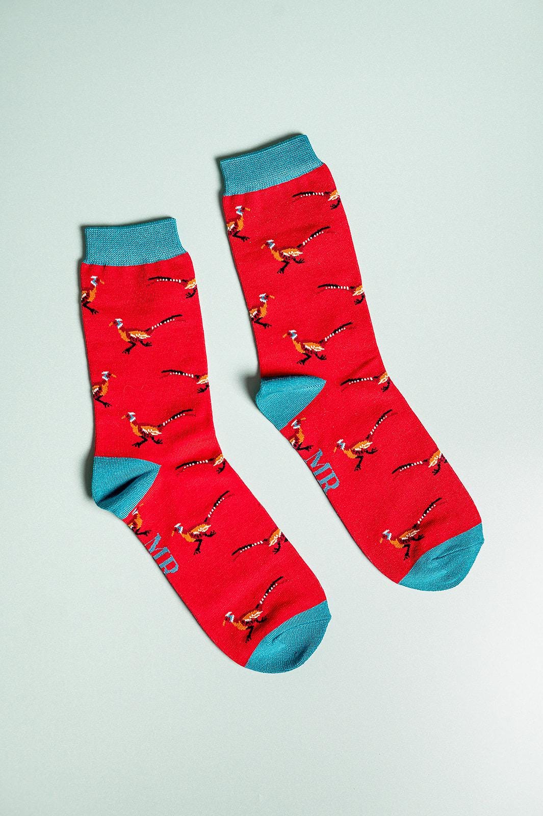 Pheasants Mens Bamboo Socks Blue | Red | Size 7-11